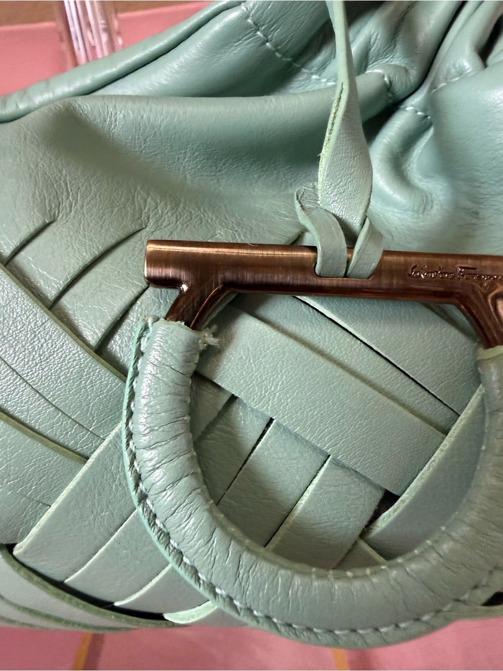 💯Auth! Salvatore Ferragamo Sofia Green Woven Leather Top-Handle Bag Gunmetal HW - Picture 2 of 14